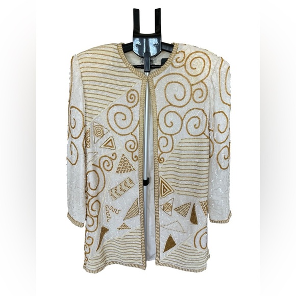 Rare Vintage Judith Ann Beaded Duster Jacket Ivory Gold Open Front Coat Size Med - Picture 10 of 11